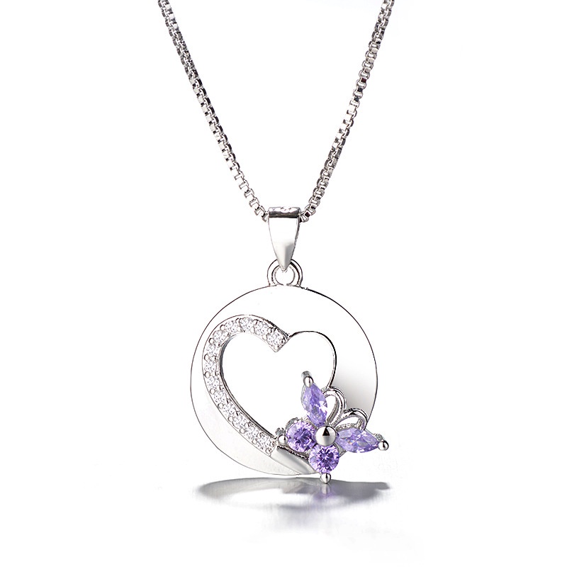 [Ready Stock]Fashion Bowknot Heart Shape with Diamond Pendant Amethyst Necklace