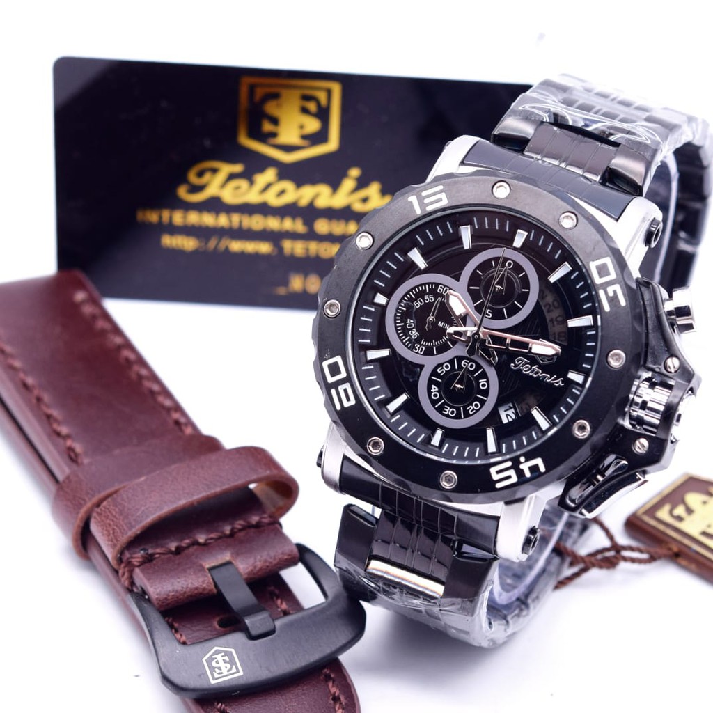 Jam Tangan Pria Tetonis Chrono Rantai Angka Bonus Kulit Original