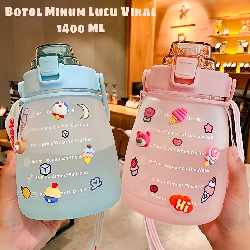 PROMO BOTOL MINUM KOREA 1,4 LITER LUCU QUITFIT BOTTLE FREE 2D &amp; 3D STIKER / BOTOL MINUM MOTIVASI PENANDA WAKTU VIRAL TIKTOK / BOTOL MINUM VIRAL GRADASI TRITAN 1,4 LITER TUTUP FLIP DENGAN SEDOTAN / BOTOL GEMOY / BOTOL MINUM KOREA LUCU