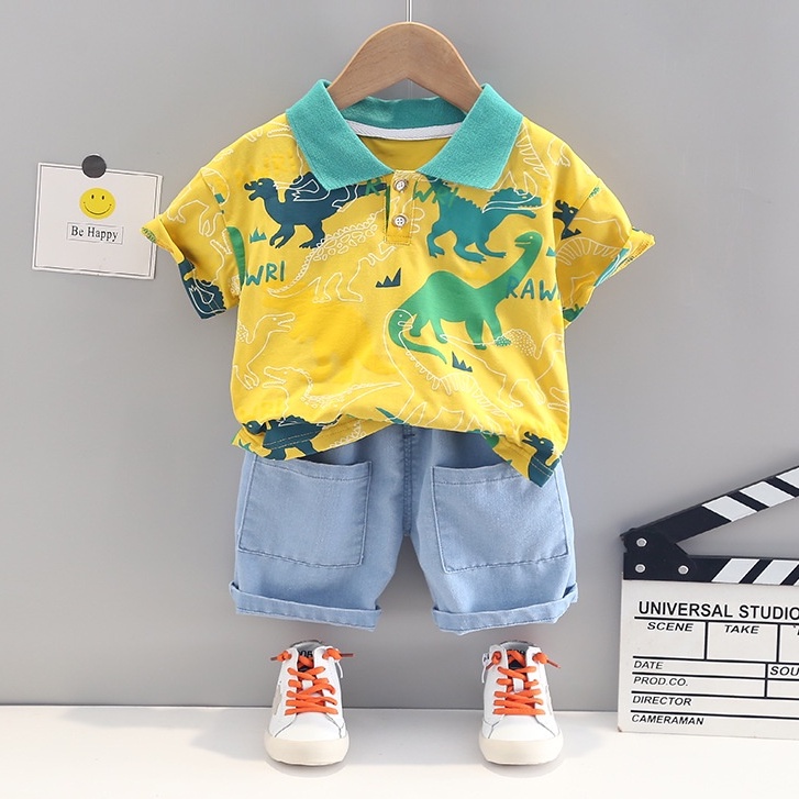 Setelan Anak Laki Laki Import motif Dinosaurus 2 - 6 tahun Kerah Polo BLU set Korean Style