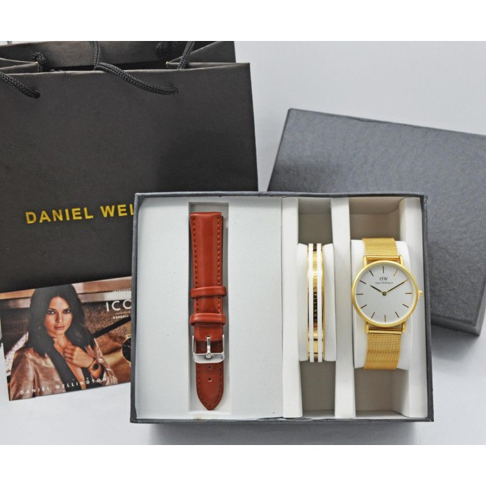 [COD] JAM TANGAN WANITA ANALOG DW RANTAI PASIR FREE GELANG + STRAP KULIT KEREN KOTAK KADO TERBARU