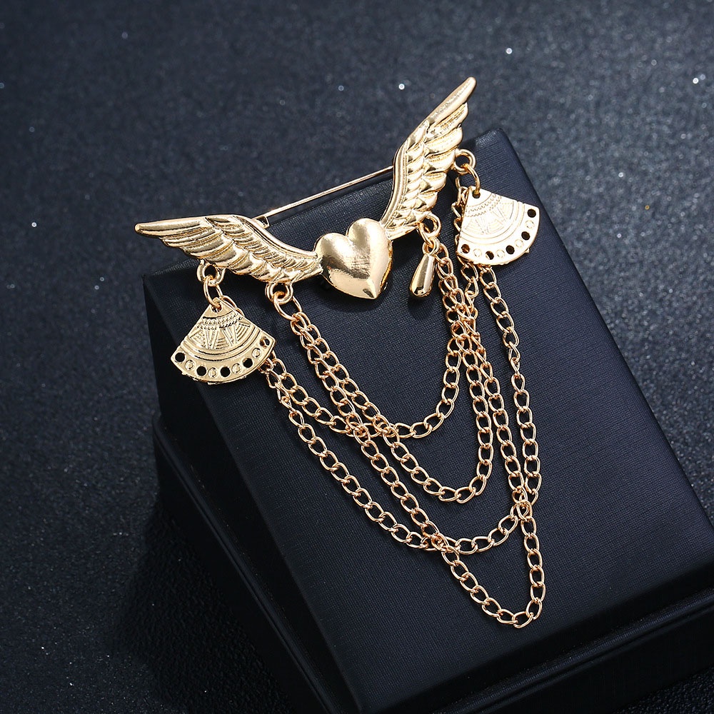 Needway  Men's Suit Jewelry Vintage Brooch Pins Fashion Accessories Chain Heart-Shaped Angle Wing Retro Lapel Pin British Style Brooches/Multicolor