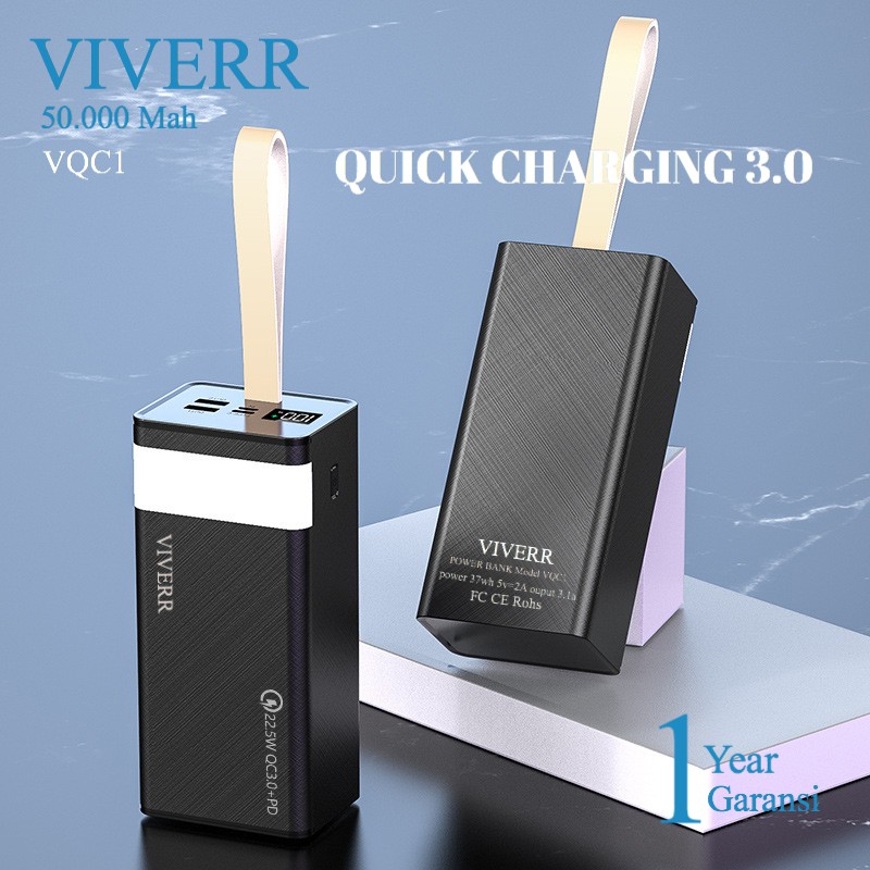 Powerbank VIVERR Real kapasitas 50.000 Mah Quick Charger 22.5W QC3.0+ PD Fast Charging Original.