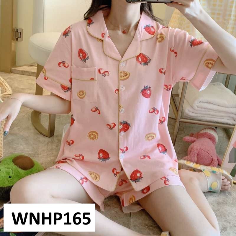 Baju Tidur Wanita Celana Pendek Kancing Depan Strawberry Pink