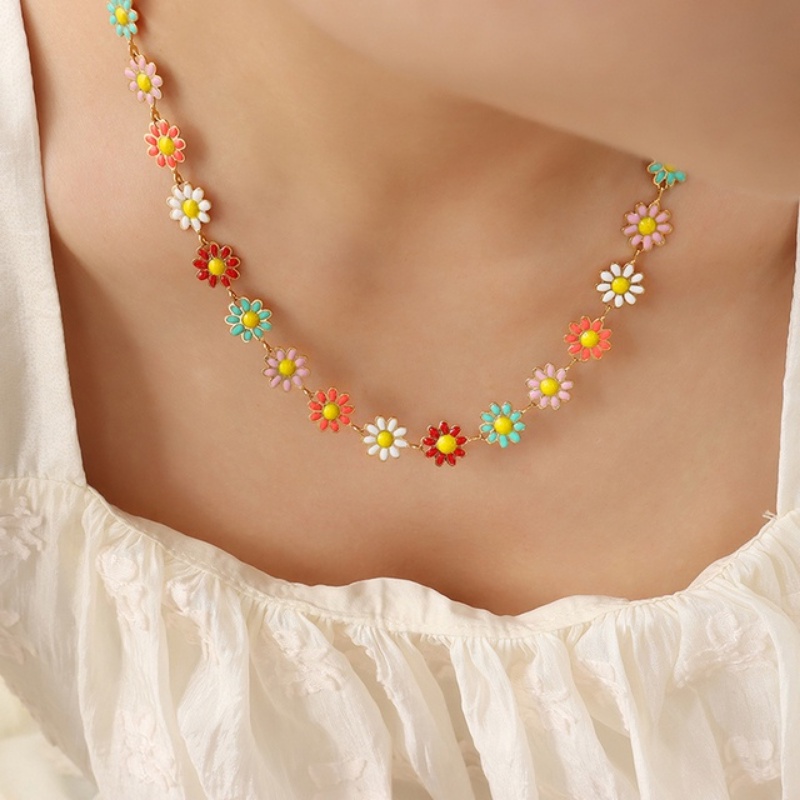 Kalung Rantai Klavikula Desain Bunga Daisy Warna-Warni Gaya Bohemian Untuk Wanita