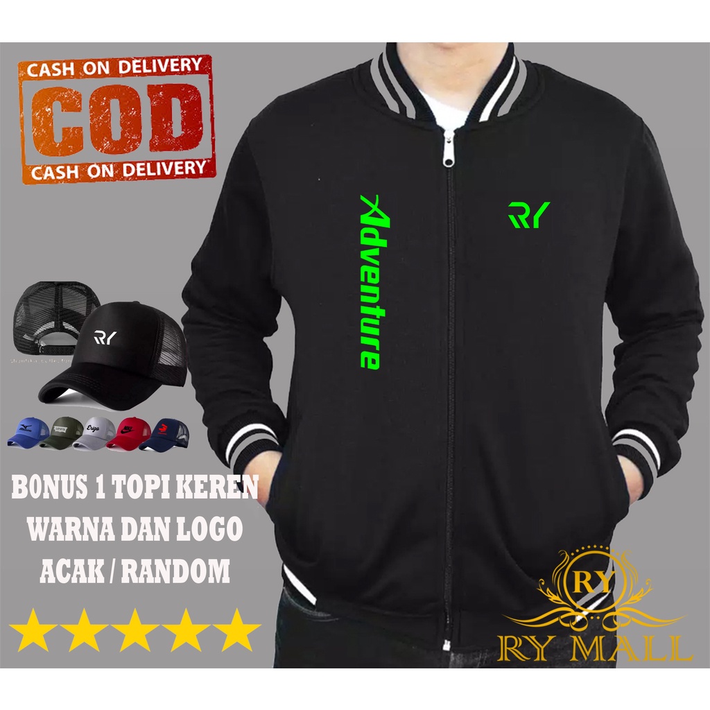 FREE TOPI.. Jaket Baseball RY ADVENTURE Tegak Motif Stabilo + Topi / Random / Sweater Ukuran Jumbo