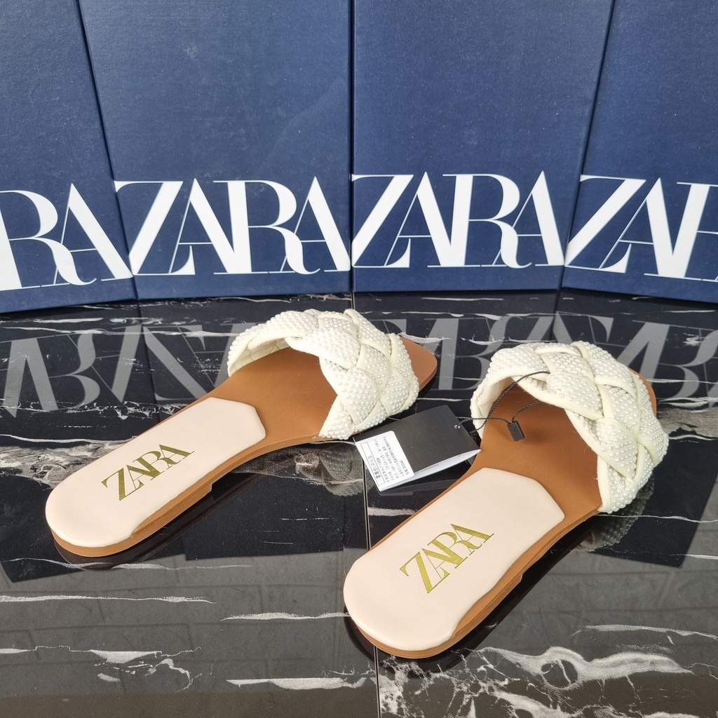 SANDAL ZR WANITA FLAT PEARL WOVEN SLIDE CRYSTAL - SZR032