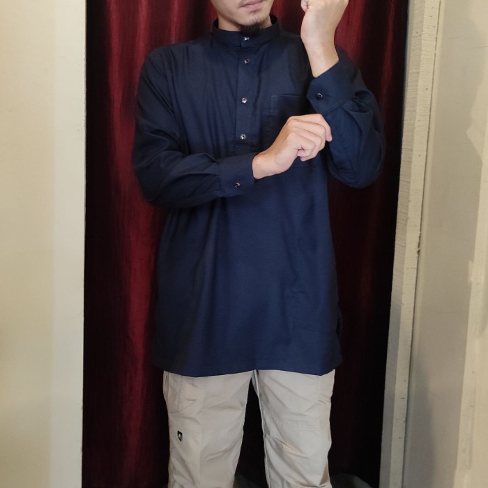 Kurta /Kemko Rabbani Baju Kemeja Koko Pria + Al Marwan Lengan Panjang - biru dongker, 56