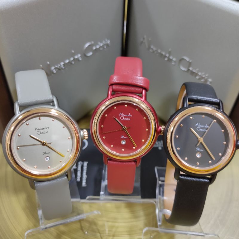 Jam Alexandre Christie AC 2963 LD LRG Wanita Rosegold Kulit Abu Merah Hitam Bulat