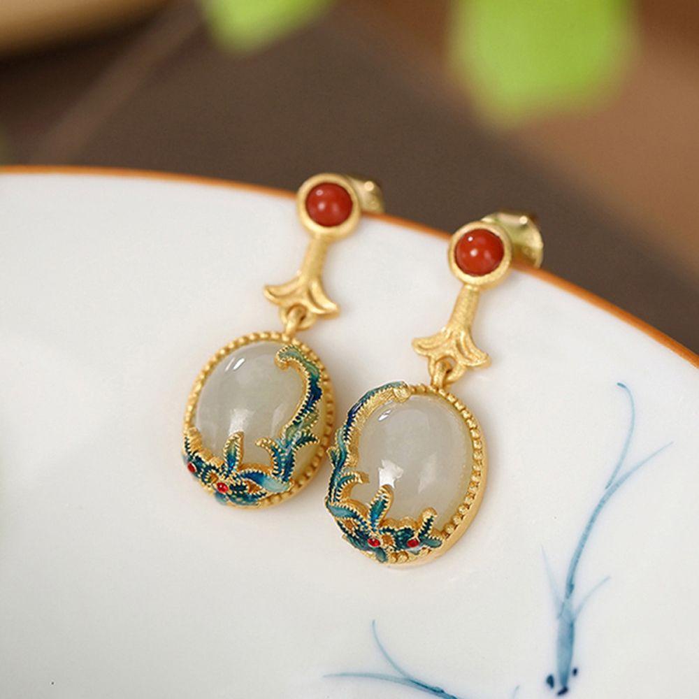 Agustinina Set Perhiasan Vintage Temperamen Elegan Anting Gelang Cincin Hetian Giok Gaya Cina Kalung