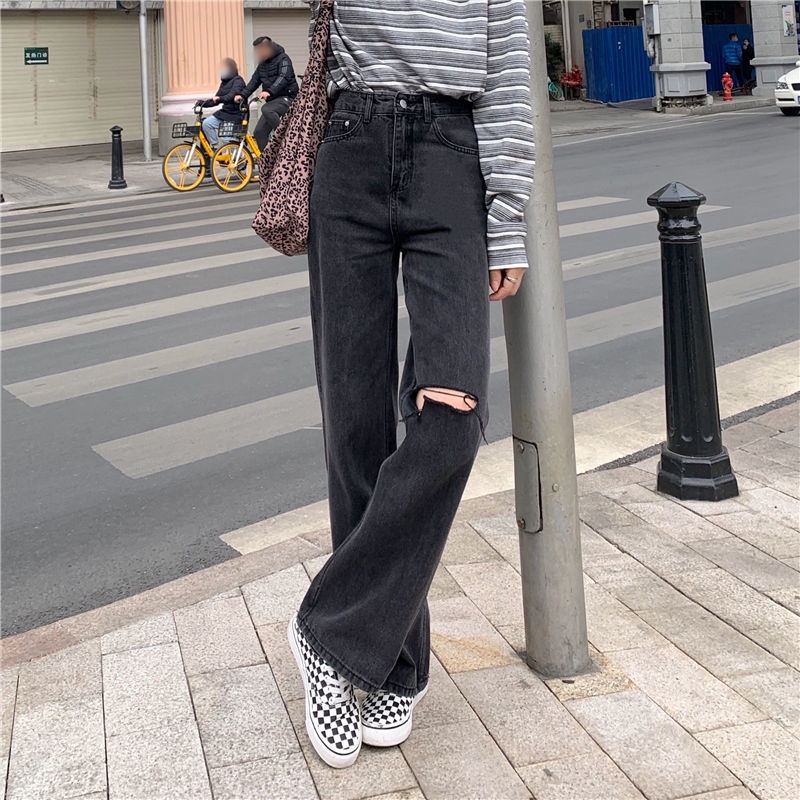 Celana Jeans Baru Wanita Korea Longgar Pinggang Tinggi Hitam Robek Lurus