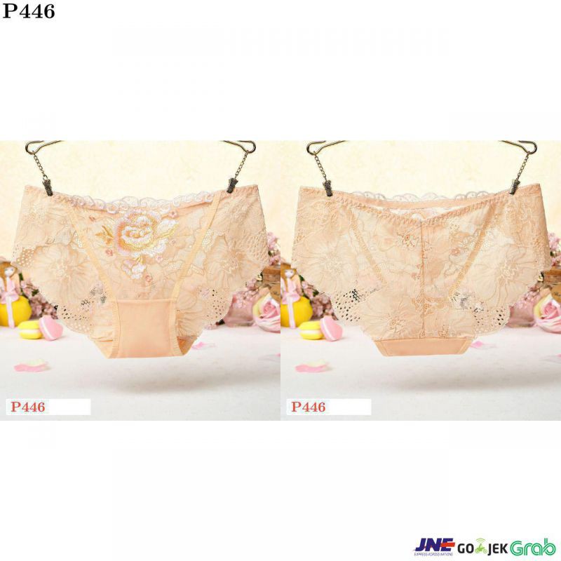 Celana Dalam Panties Hipster Krem Transparan, Bordir Bunga