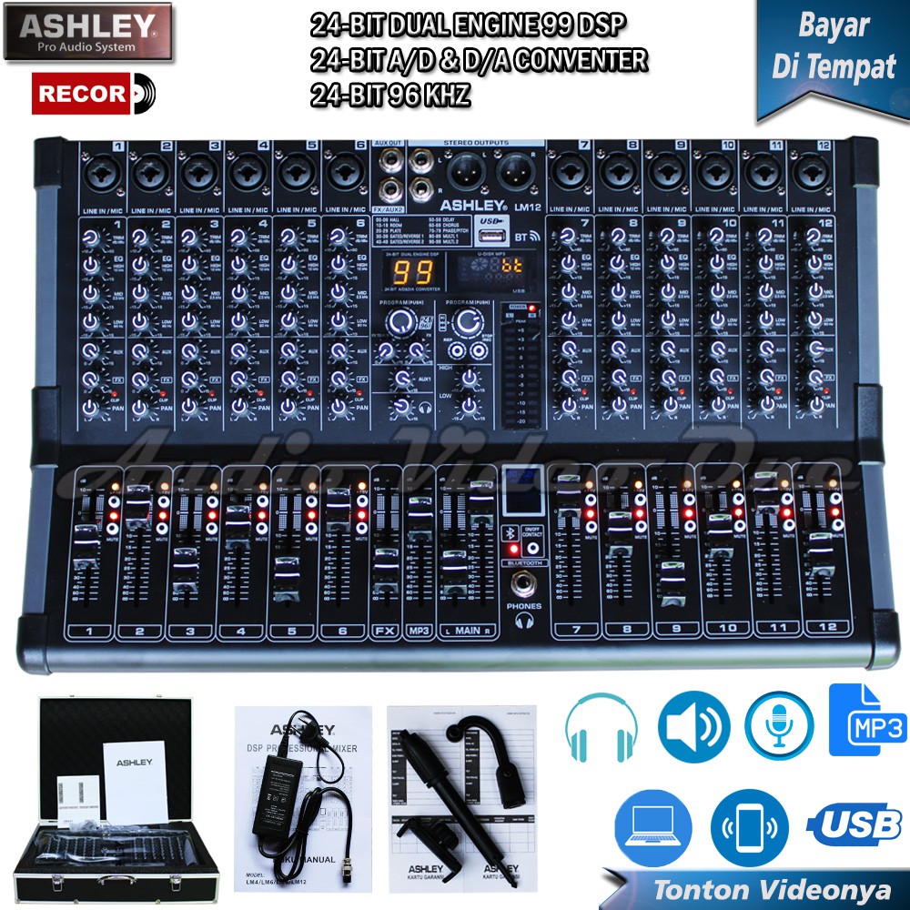 Mixer Ashley LM-12 Bluetooth 12 Chanel Full 99 Dsp 24 Bit 96 Khz Mikser Audio Suport Usb Soundcard P