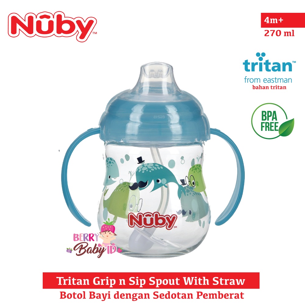 Nuby Tritan Grip n Sip Spout With Straw Training Cup Botol Sedotan Bayi Anak BPA Free Berry Mart