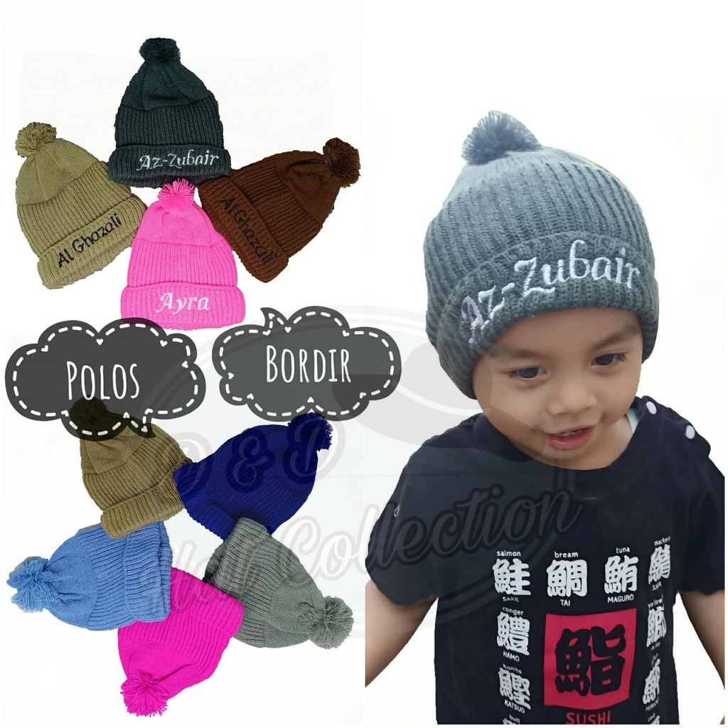 Topi Kupluk Rajut Bordir Nama Bayi Anak Balita Jambul