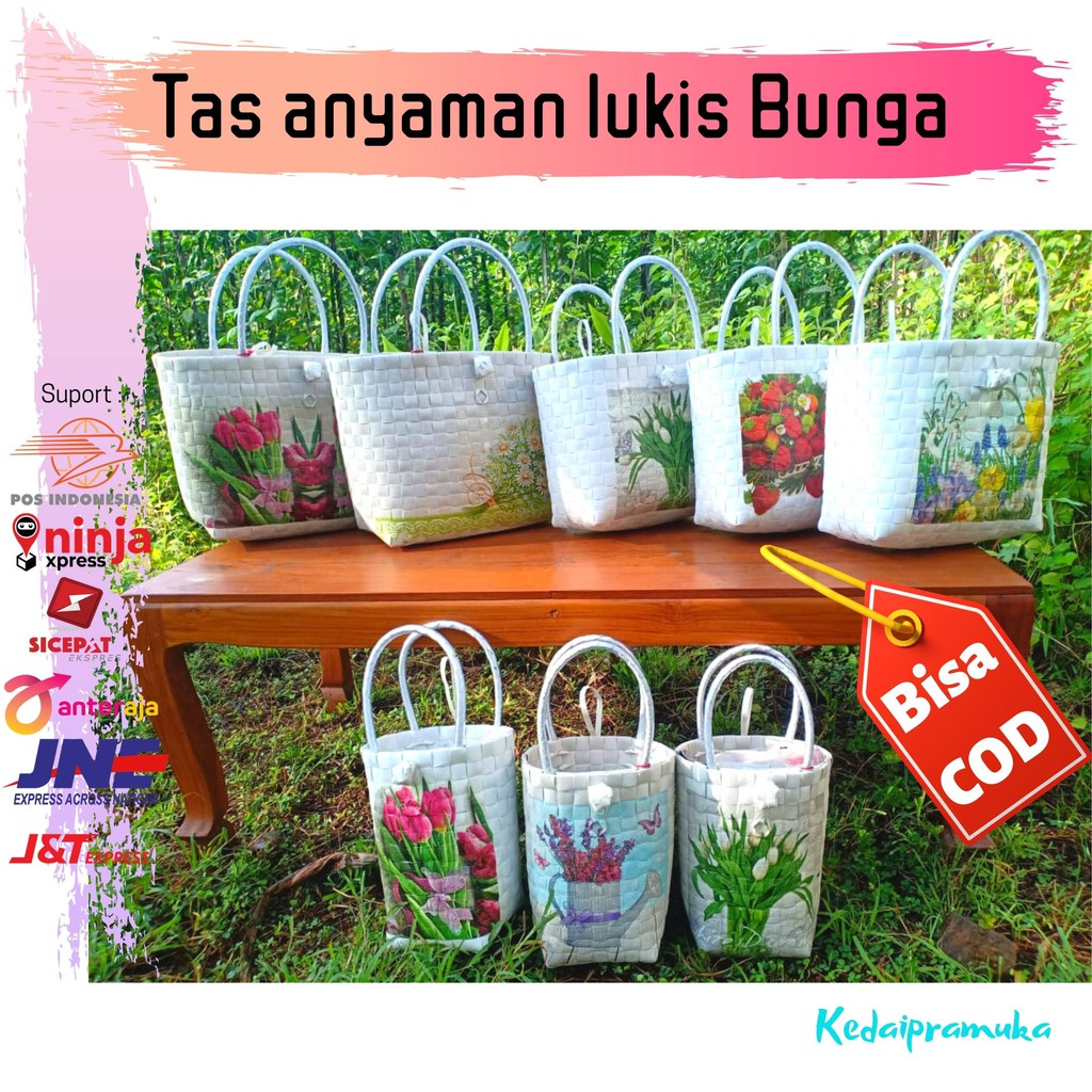 Tas Decoupage Anyaman Plastik Lukis Totebag Deco Motif Bunga Top Handle / Tas Kado Hadiah Hampers