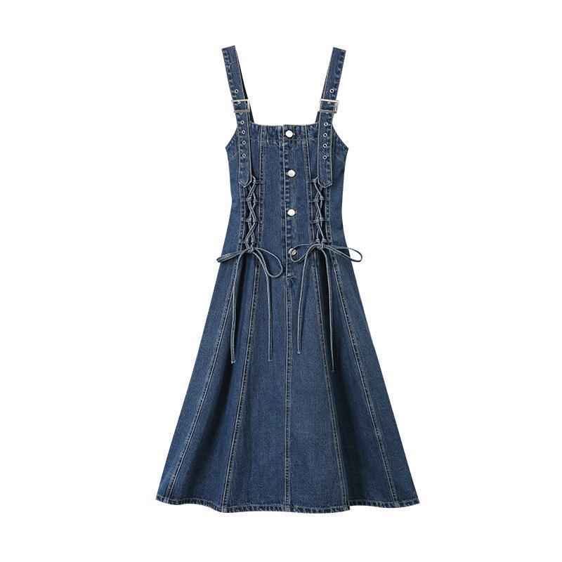 ✚✻☇Denim suspender rok gaun wanita retro ramping musim panas gaun mahasiswa pinggang bagian panjang