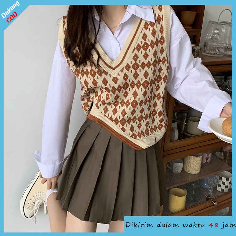 [Diskon Terbesar]Korea Tanpa lengan longgar v-neck Rompi kisi sweater rajutan rompi outer Rompi rajut