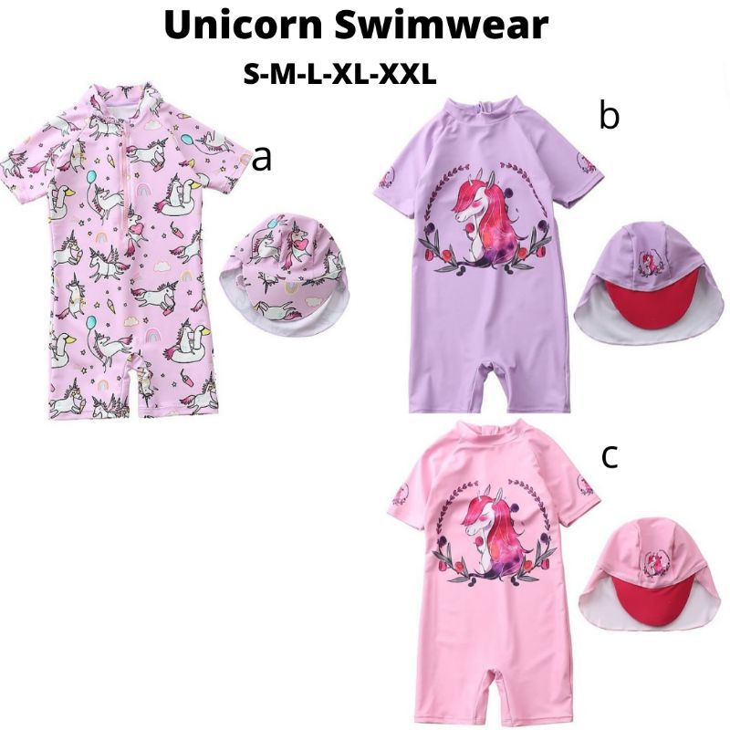 Baju renang Anak one pieces, baju renang bayi terusan plus topi,  swimwear kids