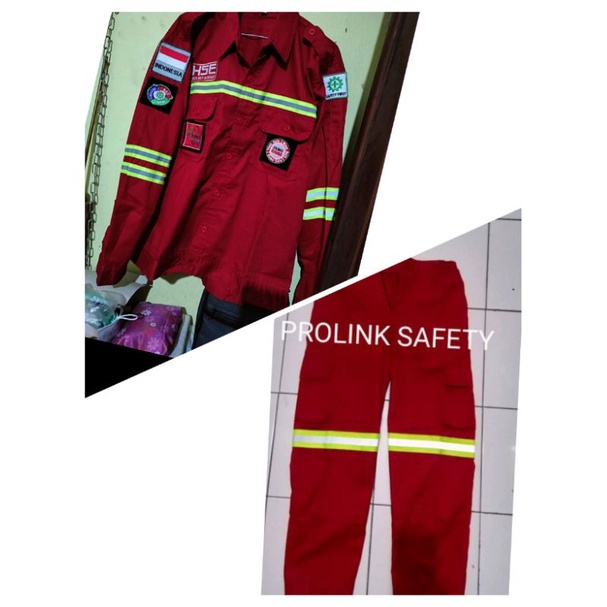 SETELAN FULL LOGO SERAGAM SAFETY OFFICER MERAH KAIN DRILL PREMIUM