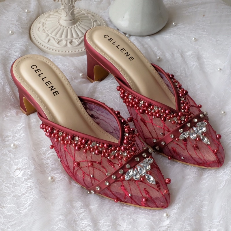 𝗖𝗘𝗟𝗟𝗘𝗡𝗘 Aurora beads maroon heels / wedding shoes 5cm