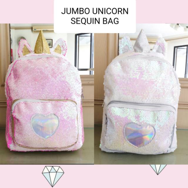 32001/2 UNICORN SEQUIN BAG / RANSEL SEKOLAH ANAK / TAS UNICORN BLING IMPORT KOREA MURAH GOLD SILVER