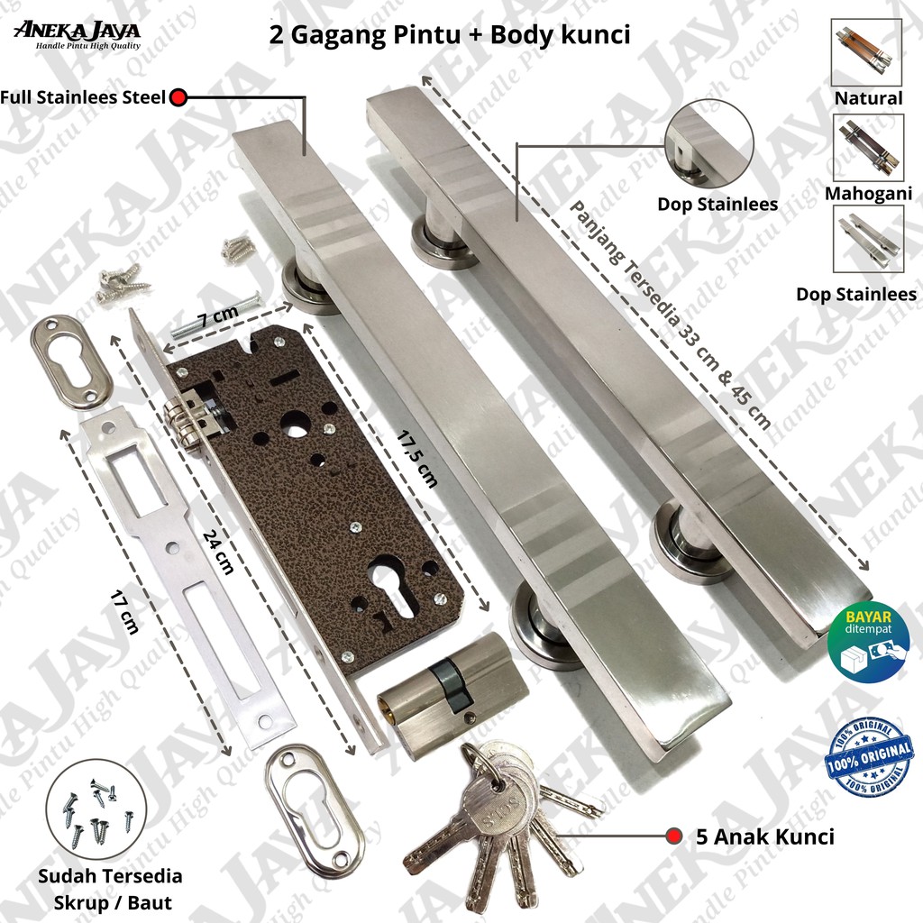 Satu Set kunci 2 Gagang pintu rumah 33 cm &amp; 45 cm / Gagang pintu rumah / Tarikan pintu set stainlees