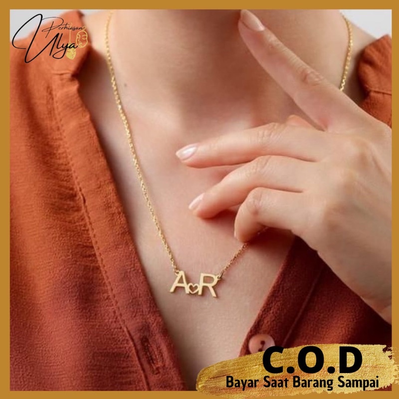 NECKLACE AKAESORIS FASHION KALUNG CUSTOM LIONTIN HURUF INISIAL LOVE TITANIUM LAPIS EMAS ASLI COUPLE