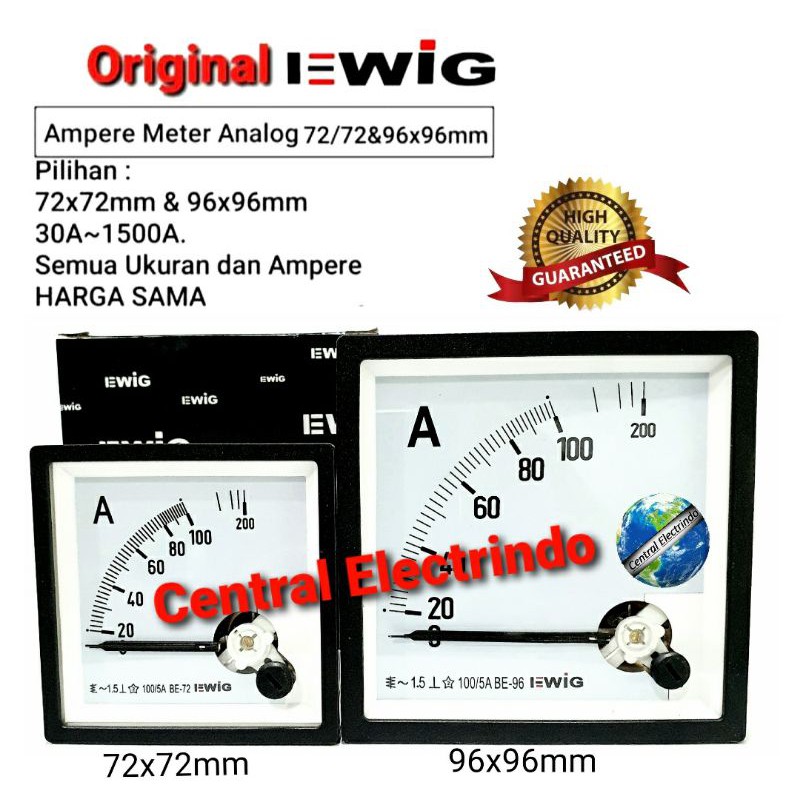 Ampere Meter Analog EWIG 72x72/96x96mm (30A~1500A).