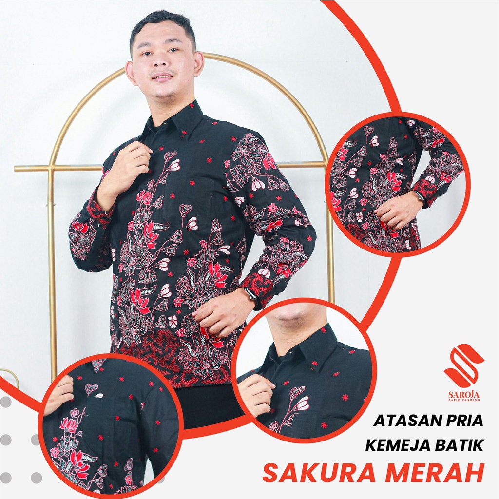 Saroja (598) Kemeja Batik Pria - Motif Sakura Merah