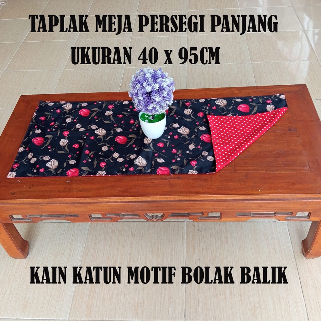 Taplak Meja Persegi Panjang Kain Katun Motif Bolak Balik Atas Bawah Batik Bunga Abstrak Ukuran 40x95cm