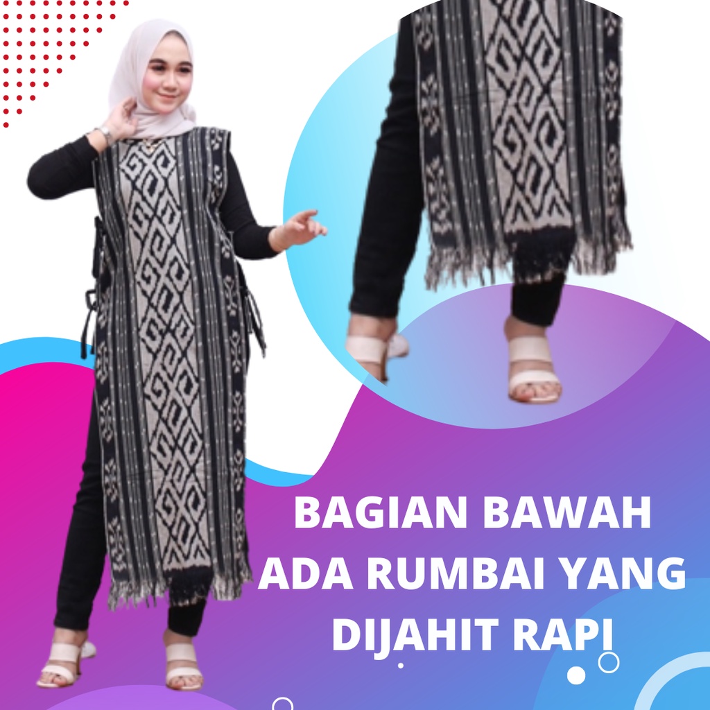 Long Vest Outer Wanita Muslim Hitam Putih Tenun Etnik Baju oter Muslimah Rompi Panjang Tanpa Lengan-4