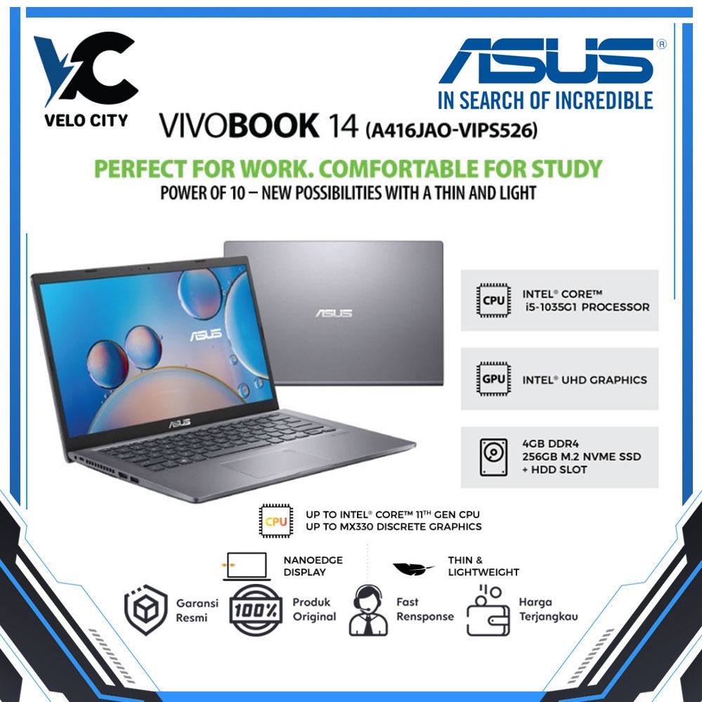 Laptop Asus A416JAO-VIPS526 | i5-1035G1/256GB/4GB/14&quot; FHD VIPS/GREY