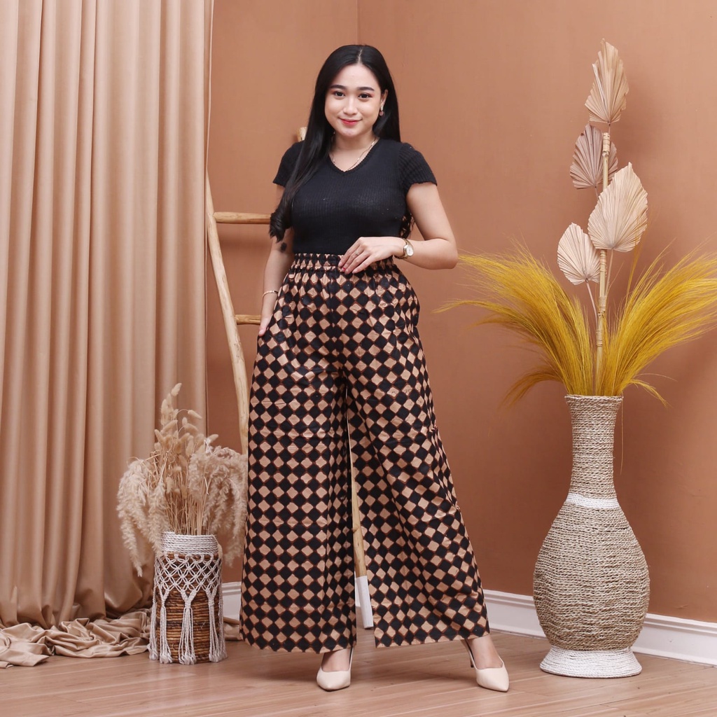 Kulot Panjang Wanita Bahan Katun Nyaman Ada Saku Murah Muat Jumbo Pinggang Elastis-Kotak