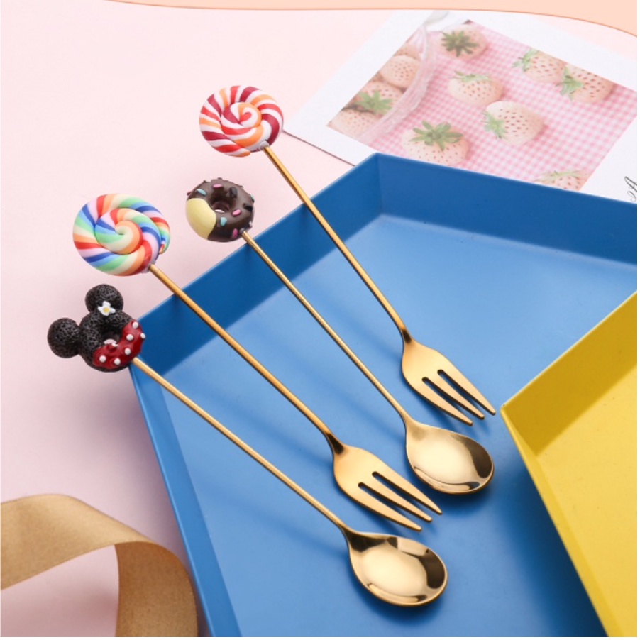 SENDOK GARPU TEH KOPI KUE DESSERT DISNEY SET / SENDOK GARPU STAINLESS STEEL LUCU MEWAH ELEGANT ESTETIK BENTUK DONAT MICKEY MINNIE KOREA / TEA SPOON / DESSERT FORK SPOON / COFFEE SPOON