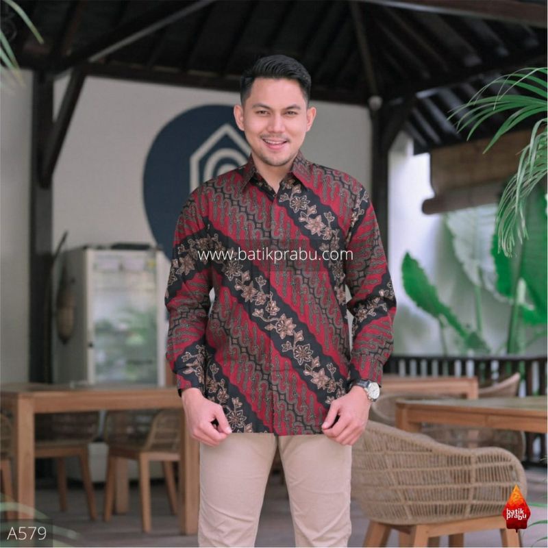 Batik kemeja pria lengan panjang lapis furing bahan katun premium size reguler prg merah hitam