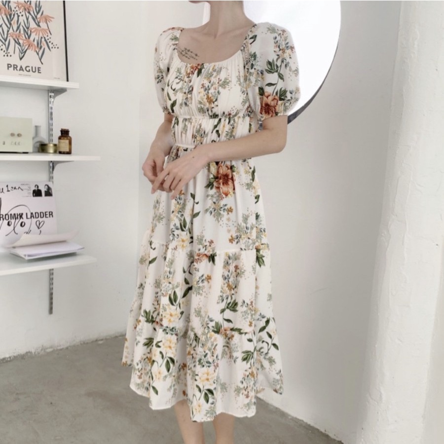 CASUAL BEACH PREMIUM MIDI DRESS KARET ALL SIZE KOREAN FASHION STYLE