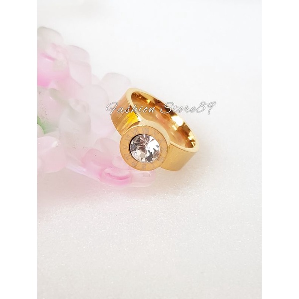 Ready Cincin Import Ring permata tulisan romawi Fashion Branded Titanium Premium gold permata Pria Wanita