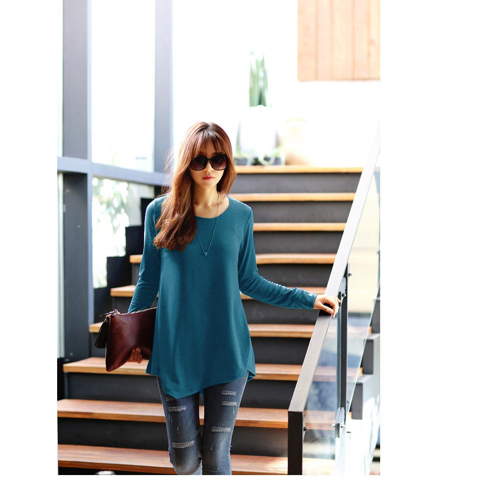KARAKOREA PinUp Unbalanced Tee Baju Atasan Wanita Lengan panjang-PU BIG/BlueGreen