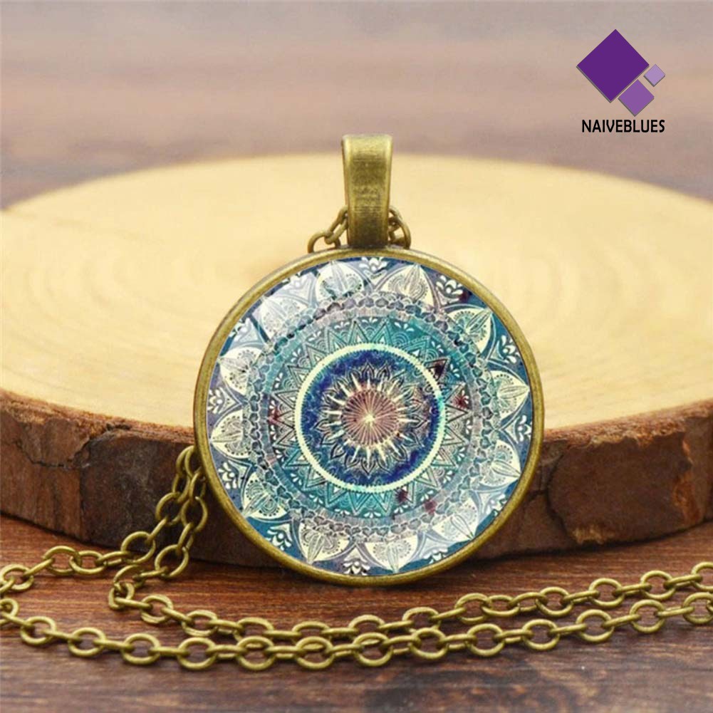 Kalung Rantai Liontin Cabochon Kaca Mandala Gaya Vintage Untuk Wanita