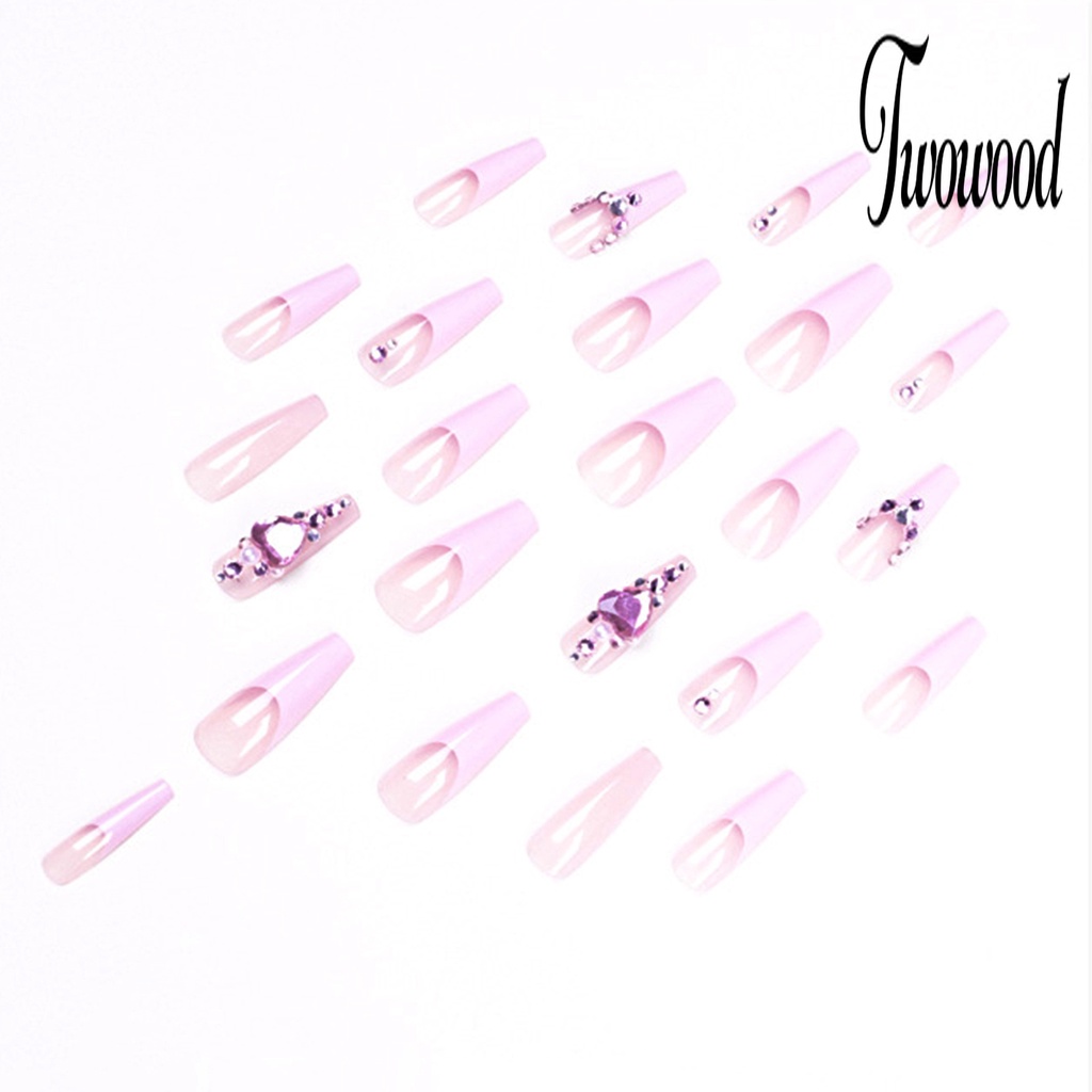 Twowood 24Pcs / Kotak Kuku Palsu Motif Hati Warna Pink Bahan ABS Untuk Nail Art / Salon