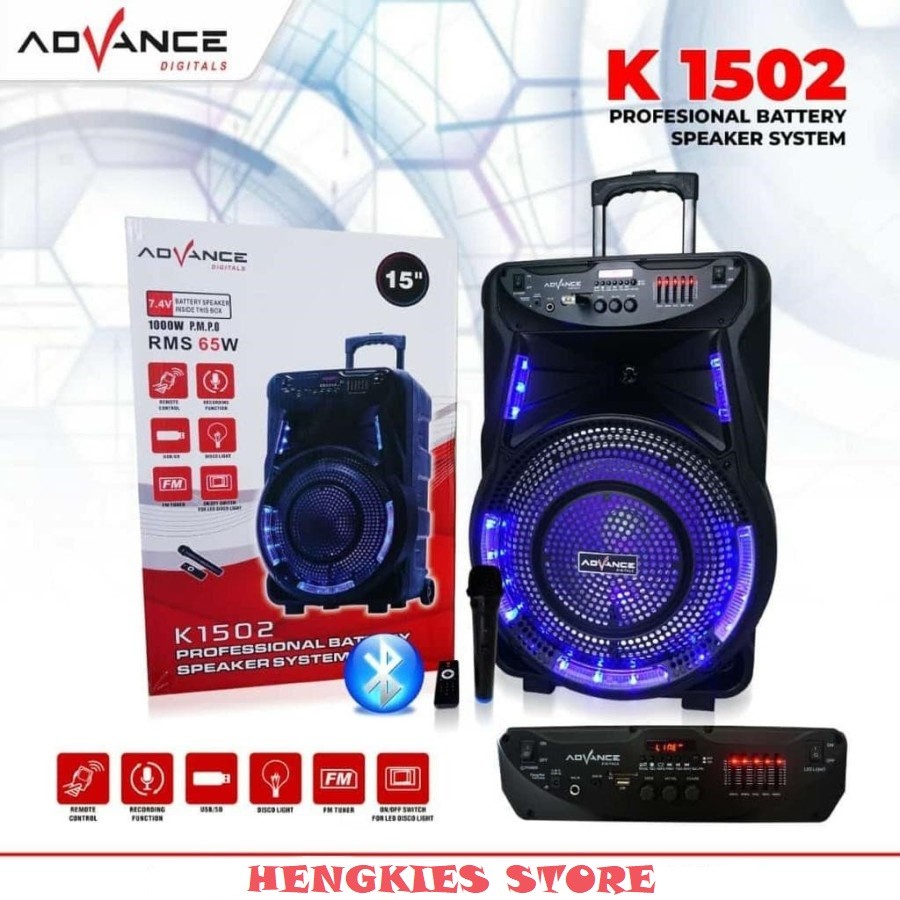 SPEAKER PORTABLE ADVANCE K1502 1502 AMPLIMEETING BLUETOOTH 15 INCH FREE MIC WIRELESS