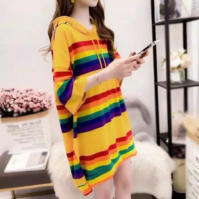 Rainbow Hoodie Pelangi Sweater Kaos Blouse Baju Atasan Wanita Jumbo