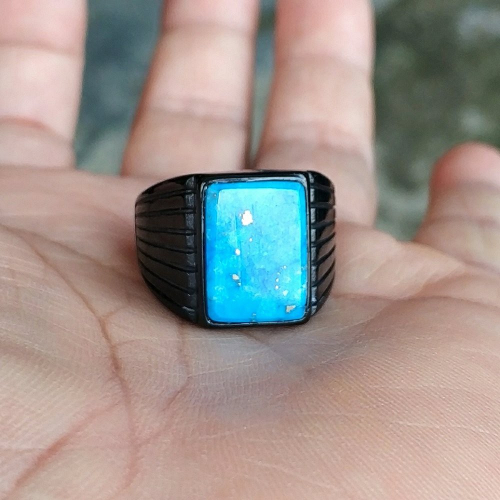 CINCIN BATU AKIK NATURAL PIRUS BIRU TURQUOISE MINIMALIS OCTAGON TITANIUM MINIMALIS