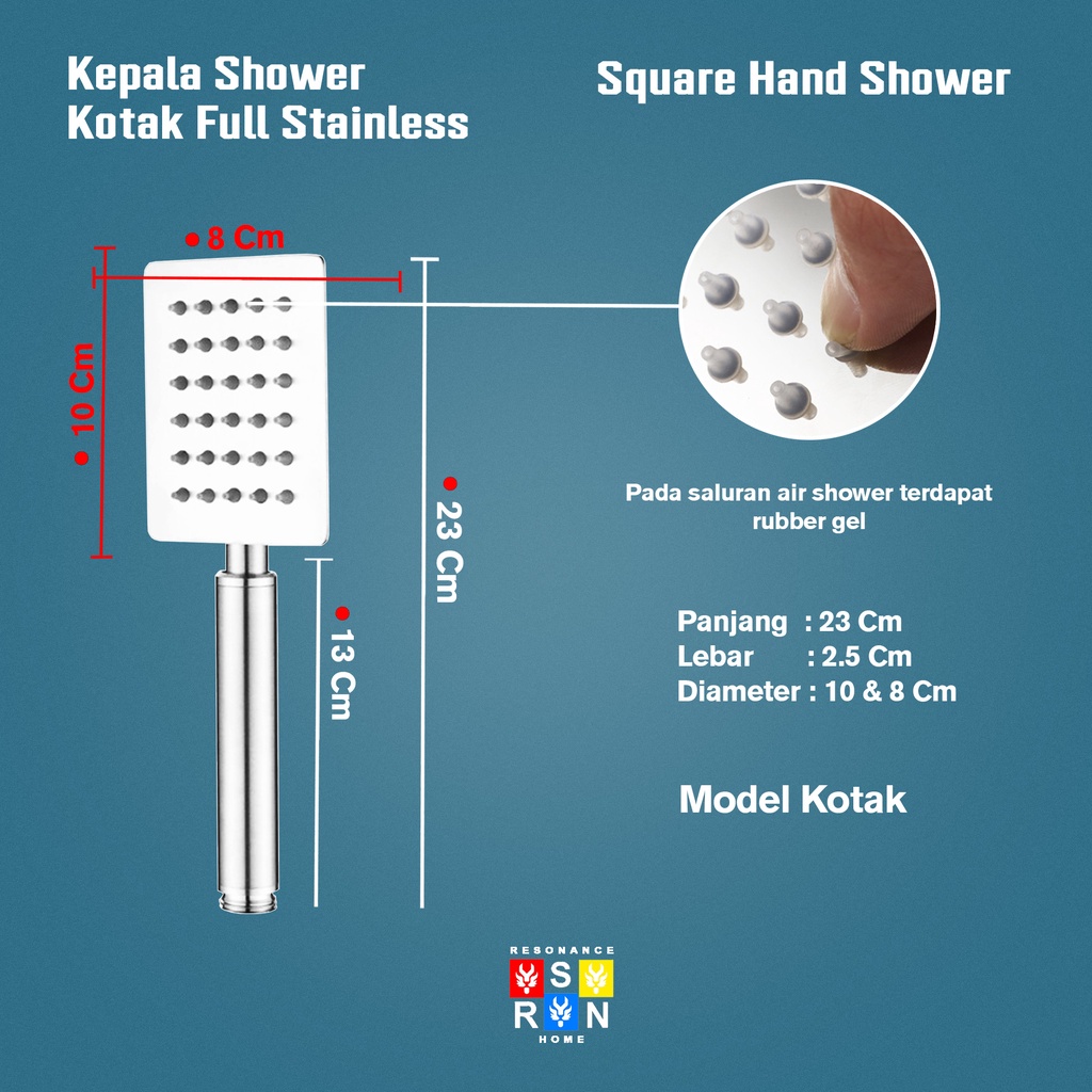 Kepala Hand Shower Mandi Universal Full Stainless SUS 304 Model Kotak Resonance Home