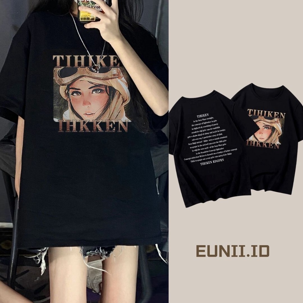 EUNII T-shirt Lengan Pendek Retro Kartun Angka Pencetakan Longgar Korean Style/Kaos Atasan Wanita/Baju Kaus Oversize Wanita