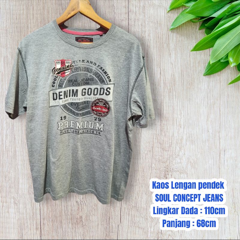 Preloved T-Shirt Kaos Lengan Pendek Denim GOODS Soul Concept Jeans Semifit L Pria Atasan Basic Grey 