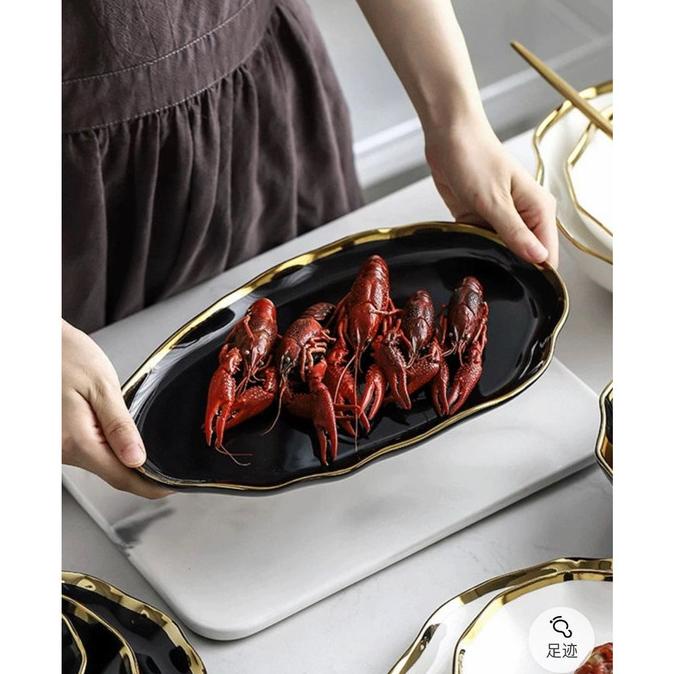 12" Piring Makan Berlin Keramik Hitam Dan Putih Motif Lonjong / Berlin