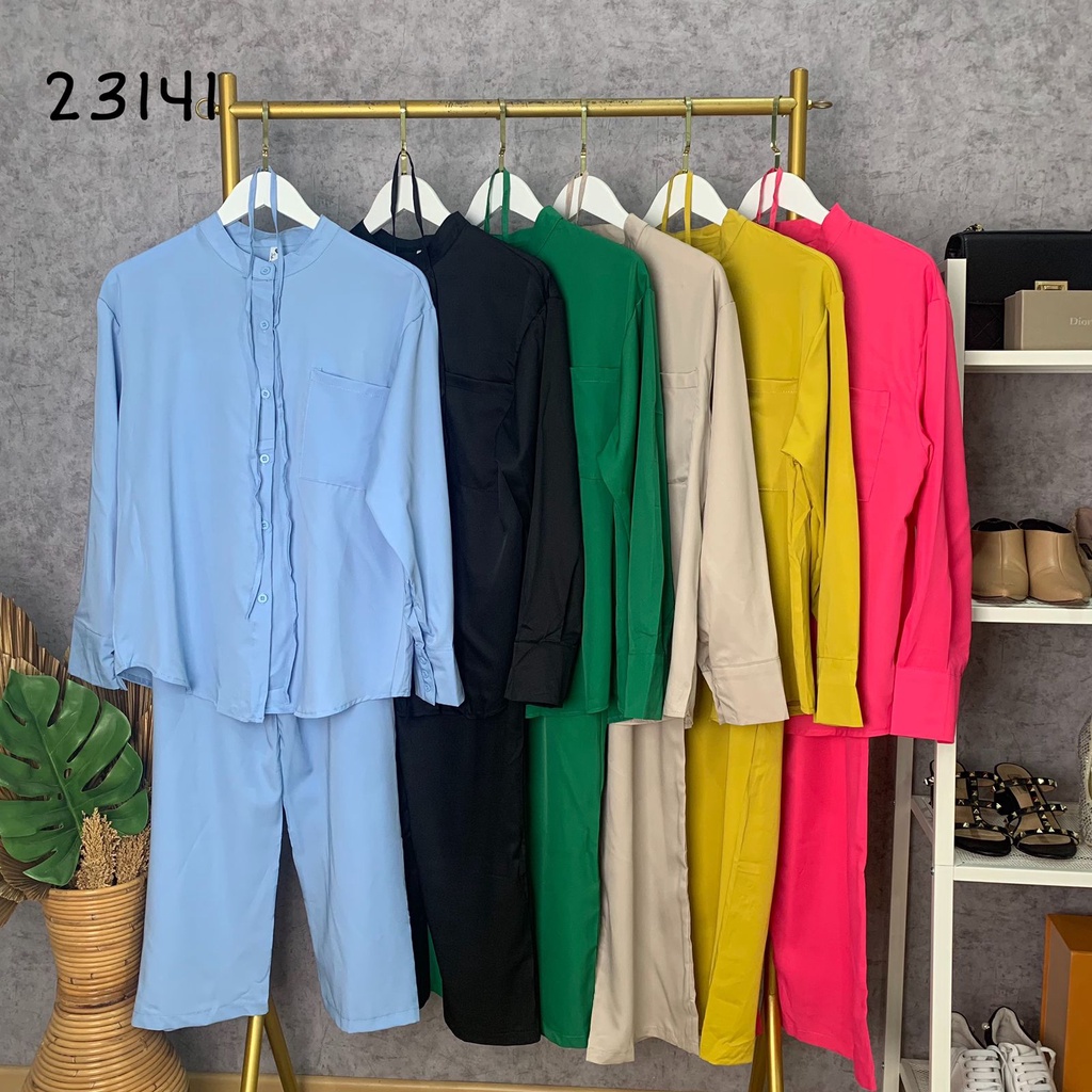 23141 ONE SET BASIC PANJANG POLOS WANITA ATASAN KEMEJA PJ POCKET DEPAN CELANA PINGGANG KARET KELILING FREE TALI SETELAN BASIC WANITA-1