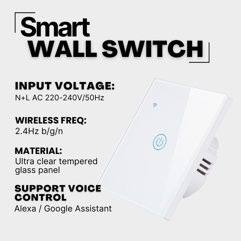 Bardi SMART WALL SWITCH EU 1 GANG Wifi Wall Touch Light Switch Smart Home IoT Saklar Sentuh Pintar